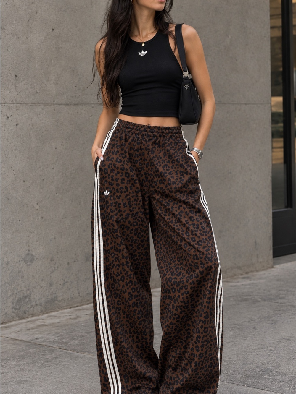Adidas Leopard Print Wide Leg Track Pants in Brown